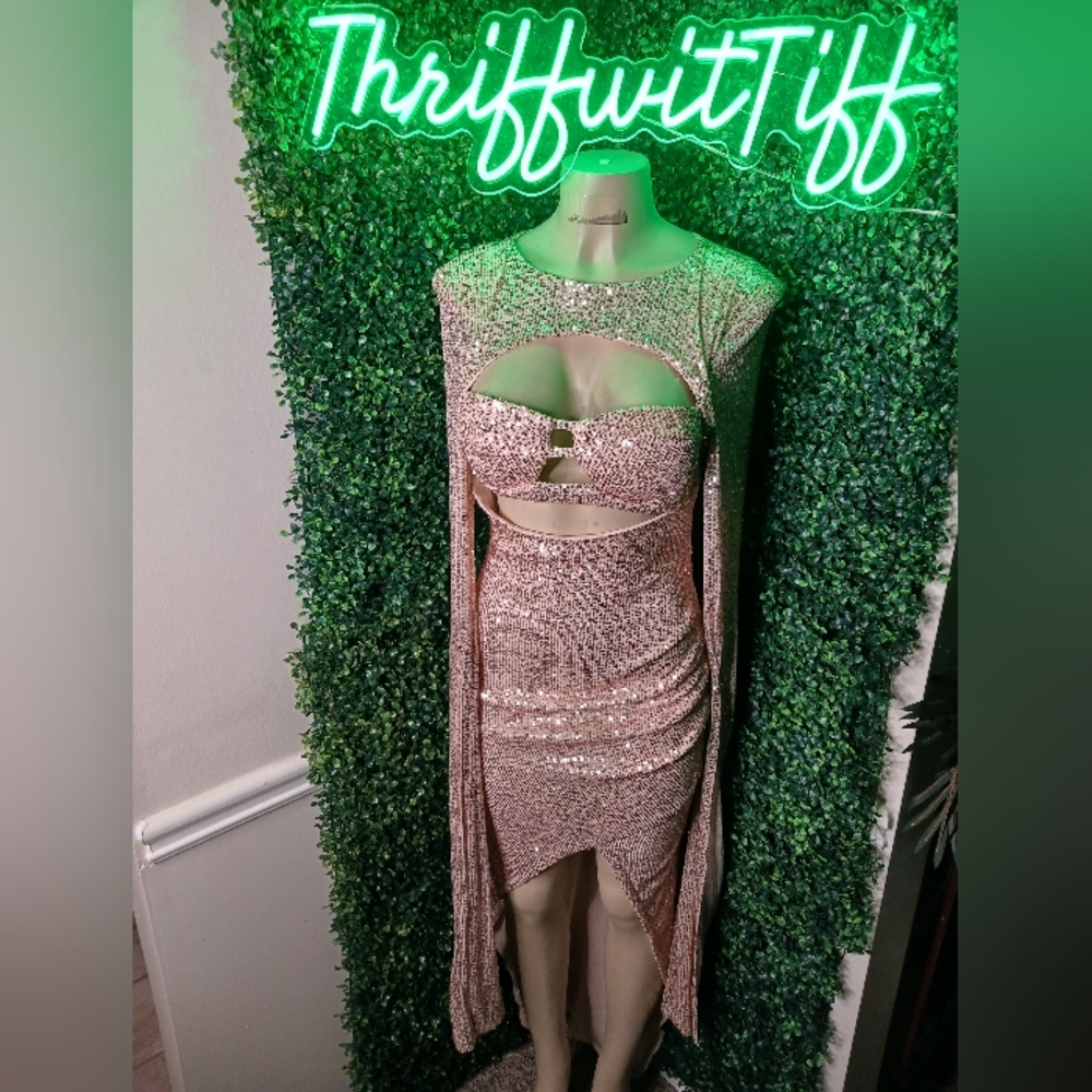Fashion Nova Rose Gold Sequin Long Sleeve Cutout Dress